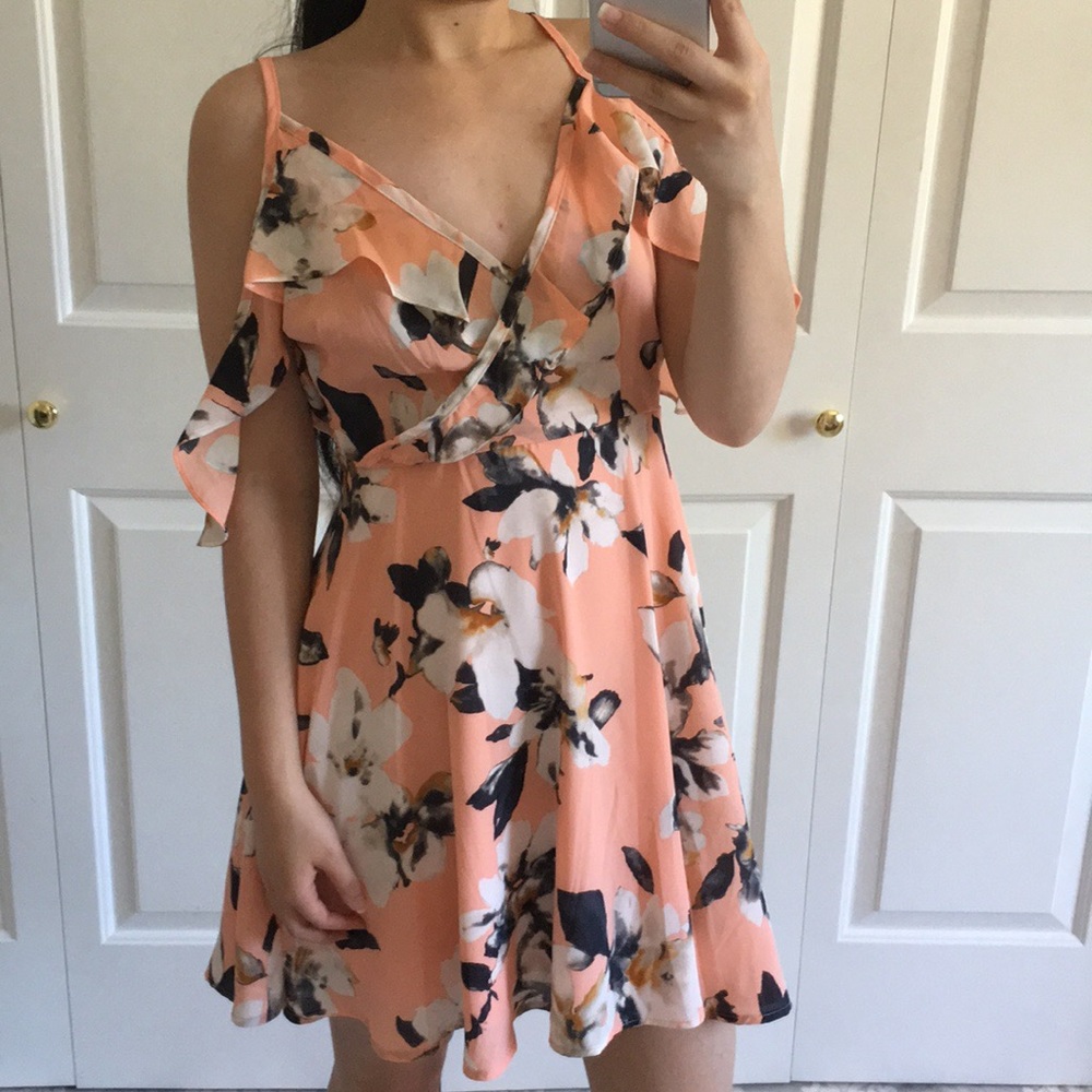 FLOURISH - Floral Peach V-Neck Ruffle Flowy Mini Dress Spring & Summer